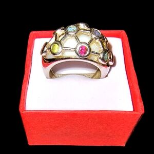 Gemstone, Mother of Pearl Shell & Sterling Silver Dome Cocktail Ring Size 7